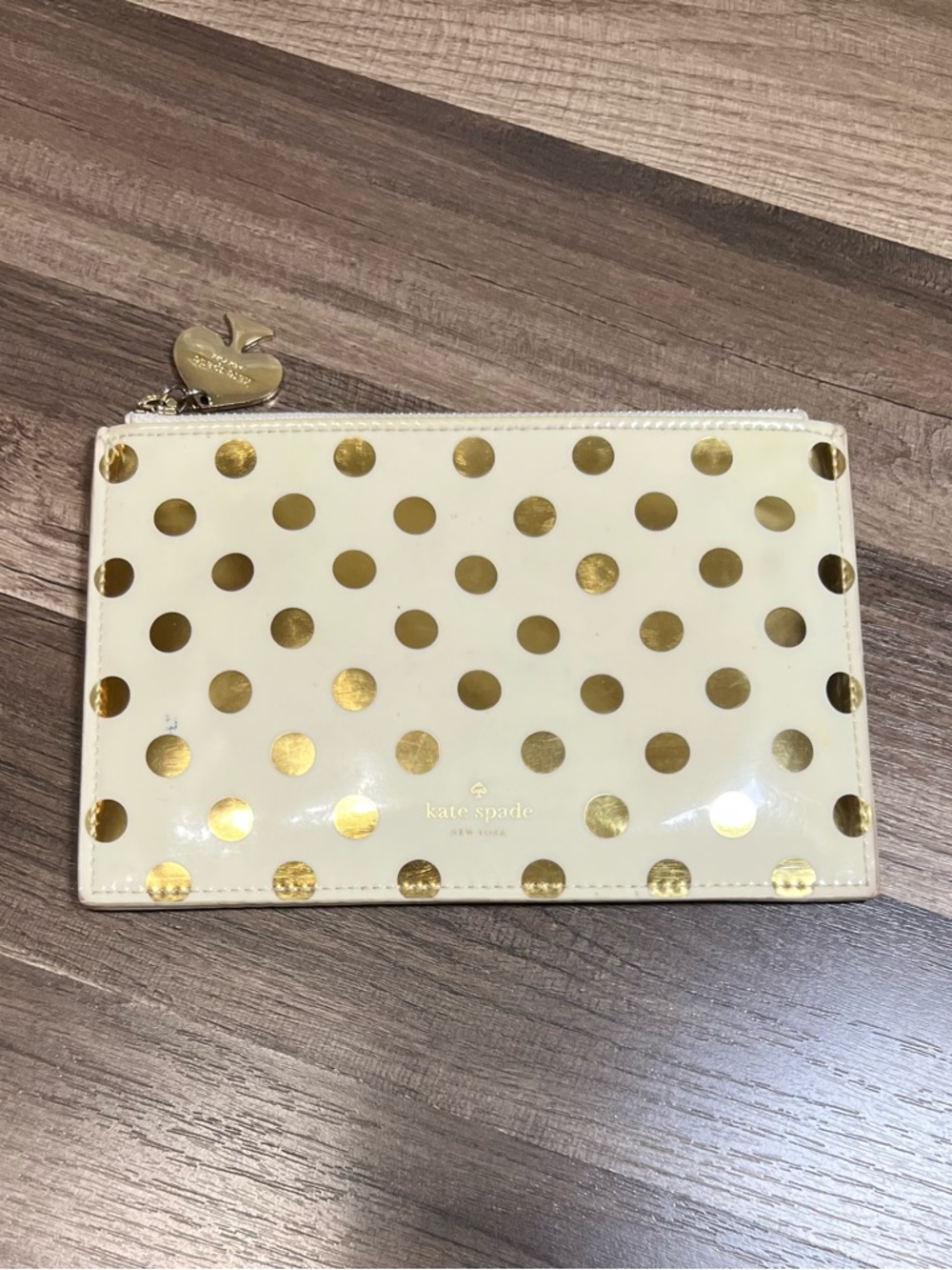 kate spade Cream and Gold Polka Dot Patent Zip Pouch